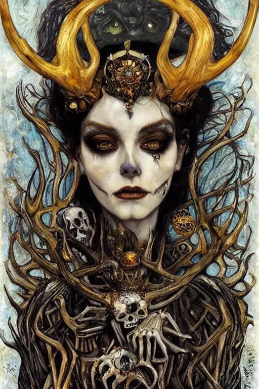 Image similar to The Queen of Bones by Karol Bak, Jean Deville, Gustav Klimt, and Vincent Van Gogh, portrait of a majestic demonic queen, beautiful vampire queen, jade green cat eyes on fire, mystic eye, otherworldly, crown made of bones, antlers, horns, ornate jeweled crown, skull, fractal structures, arcane, inscribed runes, infernal relics, ornate gilded medieval icon, third eye, spirals, rich deep moody colors