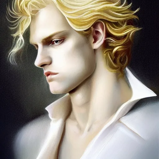 Prompt: Beautiful painting of the pale blond androgynous prince in a sensual pose, johan liebert mixed with alucard, long curly golden blond hair, baroque curls, very very pale white skin, atmospheric lighting, painted, intricate, volumetric lighting, beautiful, rich deep colours masterpiece, golden hour, sharp focus, ultra detailed, in the style of Dan Mumford and Johfra Bosschart, with a crowded futuristic cyberpunk city in the background, astrophotgraphy