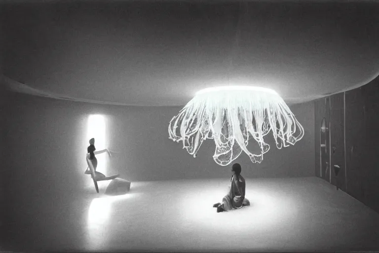 Image similar to high-angle view of a jellyfish human hybrid people wearing discowear sitting inside of an unlit lit 1970s underwater A-frame house with a soviet computer console on the wall, a large circular window in the floor that shows an exterior of a foggy medieval world, ektachrome photograph, volumetric lighting, f8 aperture