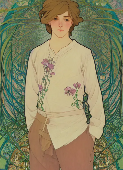 Image similar to pretty young man with shoulder length blond hair, male, half body shot, flower pattern background, path traced, highly detailed, high quality, digital painting, by studio ghibli and alphonse mucha, leesha hannigan, hidari, art nouveau, chiho aoshima, jules bastien - lepage