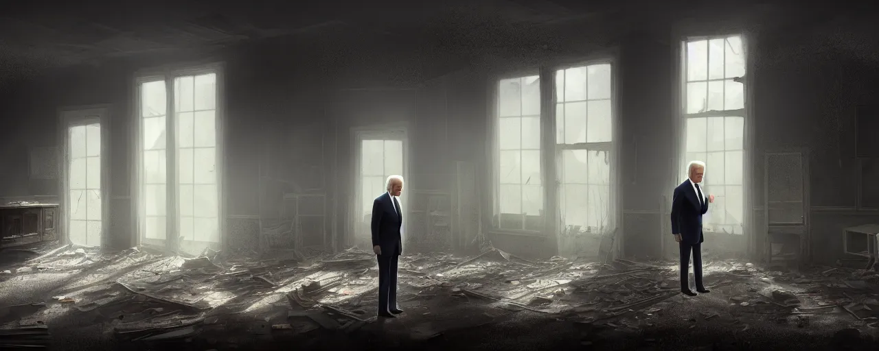 Prompt: joe biden stands alone in an abandoned derelict house with sunlight coming through old dusty windows, collapsed ceiling, dirt, old furniture, dust and cobwebs, gloomy and foggy atmosphere, hyperdetailed, artstation, cgsociety, anatomically correct, beautiful perfect face, sharp focus, highly detailed, cinematic lighting, 8 k, hd