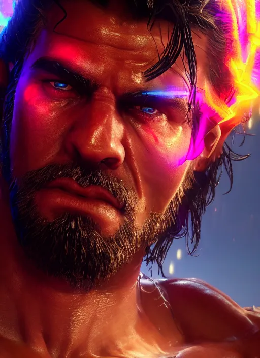 Image similar to glowwave portrait of a muscular demon, au naturel, hyper detailed, digital art, trending in artstation, cinematic lighting, studio quality, smooth render, unreal engine 5 rendered, octane rendered, art style by pixar dreamworks warner bros disney red dead redemption far cry doom cyberpunk 2 0 7 7 riot games and overwatch.