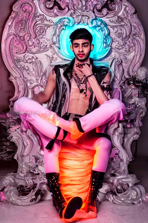 Image similar to full-body rococo and cyberpunk style neon statue of a young attractive Zayn Malik macho dotado e rico android sim roupa reclining con las piernas abertas e la piroca dura, ethereal white dripping tar, glowing orange lasers, pink tigers, glowing eyes, silver prince crown, black gears, pink diamonds, swirling mint-colored silk fabric. futuristic elements. full-length view. human skulls. large intricate artwork by caravaggio. Trending on artstation, octane render, cinematic lighting from the right, hyper realism, octane render, 8k, depth of field, 3D