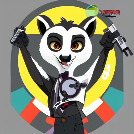 Image similar to “ logo of a lemur in the style of zootopia holding laser gun, with a black background, digital art, award winning, trending on art station, retro style ”