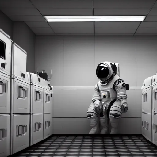 Image similar to a beautiful photo of an astronaut waiting in a laundromat, soft light, morning light, depth of field, photorealistic, realistic, octane, 8k, cinematic shot