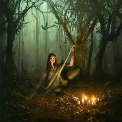 Image similar to witch performing a ritual in a dark forest painted by Raymond Swanland