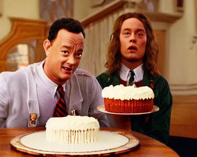 Prompt: tom hanks as forrest gump eating a cake in hogwarts, digital art, highly detailed, artstation, award winning, in the style of David Villegas