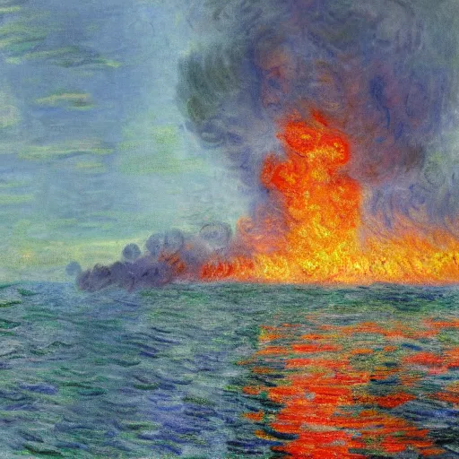Prompt: 1 9 7 0 fire in sea, digital painting, ultradetailed, artstation, by monet