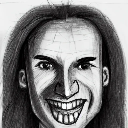 Image similar to sketch of a caucasian face, medium long hair, bad skin, skinny, oval head shape, smiling, climber