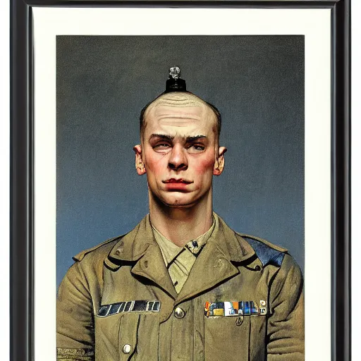 Prompt: frontal portrait of a soldier in attention, doing the loser hand gesture on his forehead, by Norman Rockwell and Gerald Brom