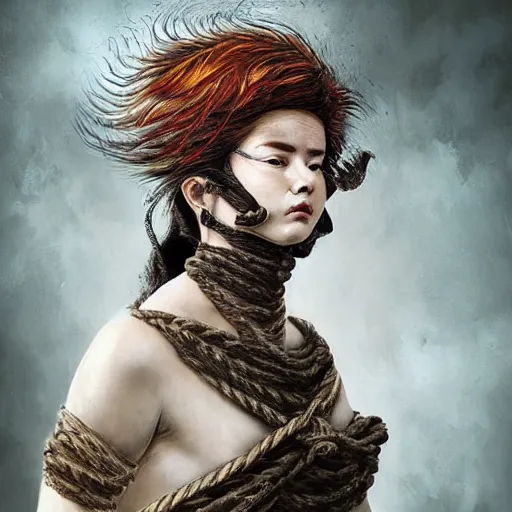 Image similar to portrait of a Shibari rope wrapped face and neck, headshot, insanely nice professional hair style, dramatic hair color, digital painting, of a old 15th century, roman gladiator, amber jewels, baroque, ornate clothing, scifi, realistic, hyperdetailed, chiaroscuro, concept art, art by Franz Hals and Jon Foster and Ayami Kojima and Amano and Karol Bak,