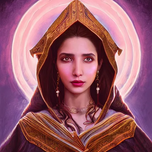 Prompt: head-on symmetrical centered painted portrait, Mahira Khan as a D&D wizard, turkish robes, fantasy, intricate, elegant, highly detailed, digital painting, smooth, sharp focus, illustration, artstation, in the style of Artgerm and Anna Podedworna and Alex Ross