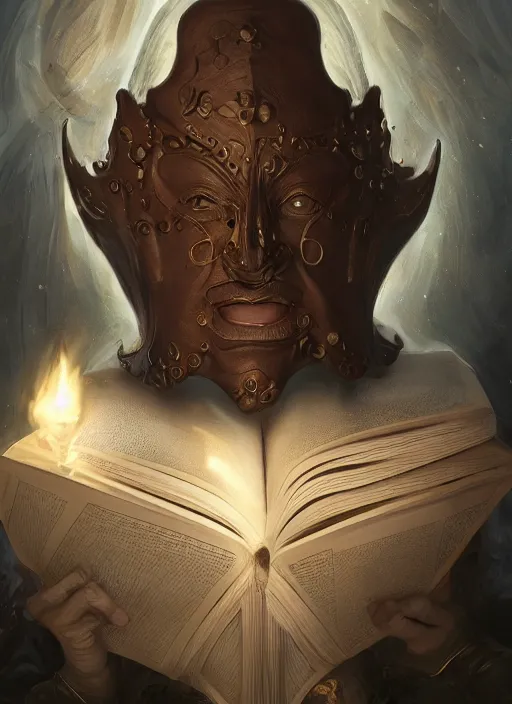 Prompt: Magic Floating Thespian Mask reading a book, no body, bodyless, floating mask, Ivan Aivakovsky, Boris Vallejo, epic fantasy character art, D&D Concept Art, full length, Realistic, Regal, Refined, Detailed Digital Art, Oil Paining, Exquisite detail, post-processing, masterpiece, Cinematic Lighting, Unreal Engine, 8k, HD, Stanley Artgerm Lau, WLOP, Rossdraws, Frank Frazetta, Andrei Riabovitchev, Marc Simonetti, trending on artstation flawless