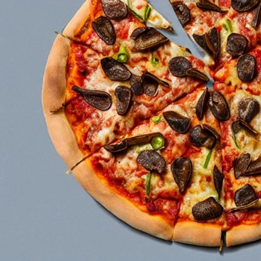 Prompt: a pizza topped with roaches