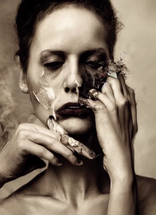 Image similar to expressive potrait photo of sad tired woman smoking, glamour shot, by jenny saville, by stefan gesell, photorealistic, canon r 3, fashion photography, hyper maximalist, elegant, ornate, luxury, elite, environmental portrait, symmetrical features, octane render, unreal engine, solid dark grey background, dramatic lights