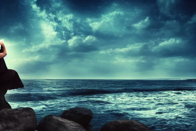 Prompt: a woman cries on a rocky beach, the infinite ocean stretching out beyond her fading into the night sky. she is alone. ethereal, dreamlike, hd wallpaper.
