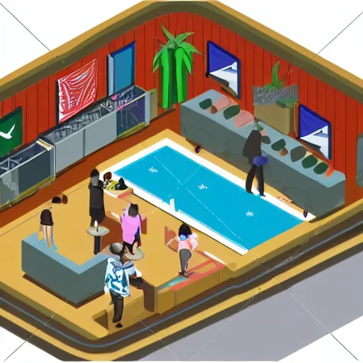 Prompt: idyllic isometric cartoon render of a new cannabis club in australia, popular place to be