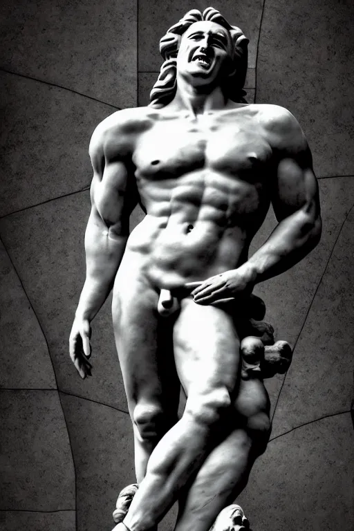 Prompt: hyperrealism billy herrington as a marble statue in ukrainian odessa wallpaper in style of alejandro jodorowsky and giger and araki nobuyoshi