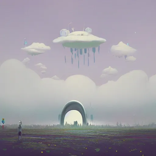 Prompt: beautiful painting of a landscape of glitched cloud ramifications and alien white monuments blossoming in the style of Simon Stålenhag and H. R. Giger, detailed, trending on Artstation