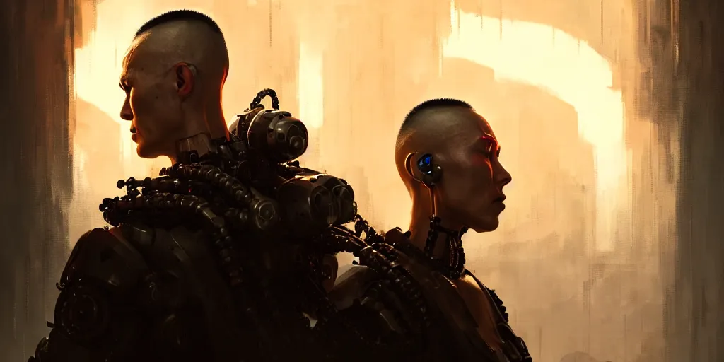 Prompt: meditating monk with mohawk and cybernetic enhancements, scifi character portrait by greg rutkowski, craig mullins, cinematic lighting, dystopian scifi outfit, profile picture, mechanical, cyborg, half robot ultra realistic 8 k resolution.