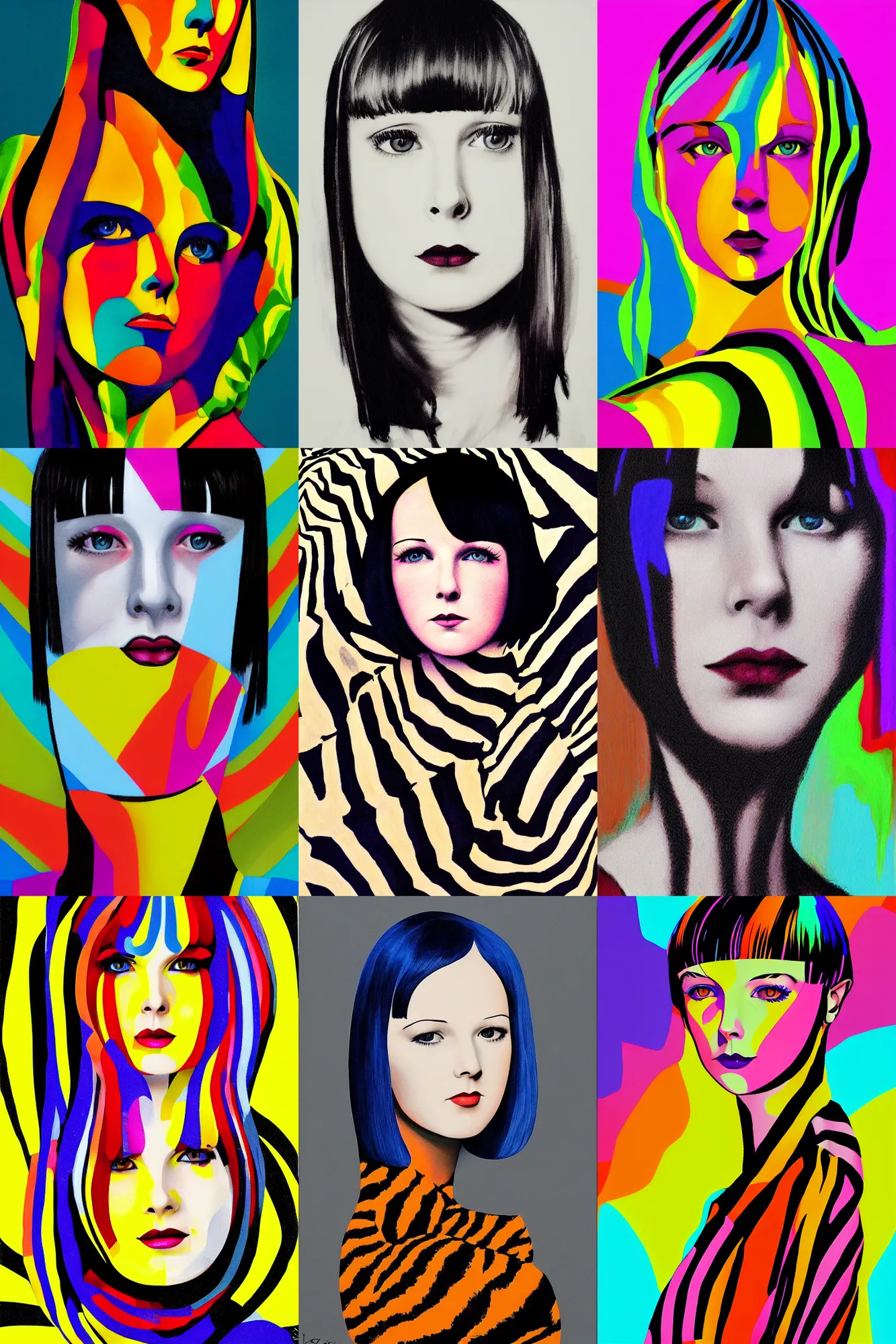 Prompt: portrait of 2 2 yeard old mary louise brooks, zebra op art, artstation, bright colours, high contrast