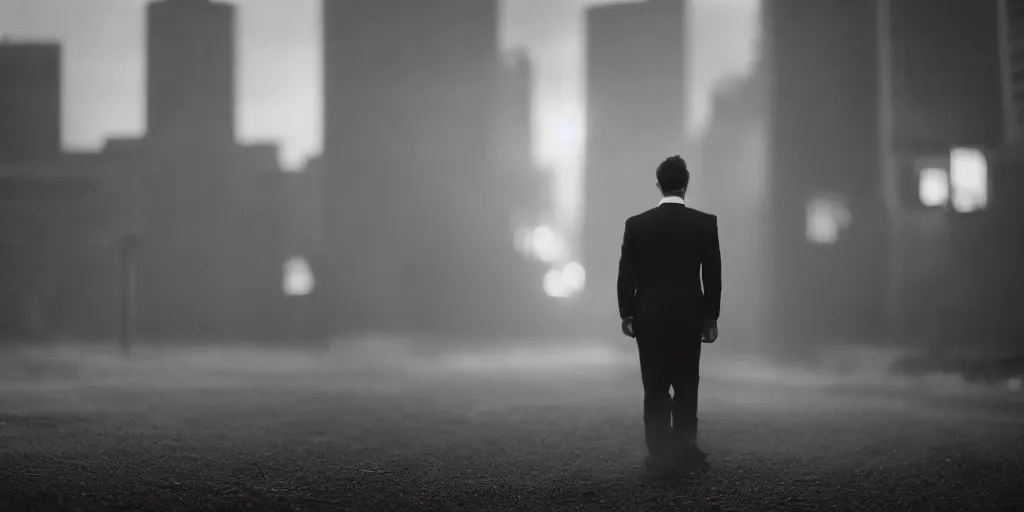 Image similar to a man wearing a dark suit, cinematic, 8 5 mm anamorphic lens, atmospheric, hazy, lights in the distance, depth of field