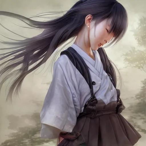 Image similar to dynamic composition, motion, ultra-detailed, incredibly detailed, a lot of details, amazing fine details and brush strokes, colorful and grayish palette, smooth, HD semirealistic anime CG concept art digital painting, watercolor oil painting of a Japanese schoolgirl, by a Chinese artist at ArtStation, by Huang Guangjian, Fenghua Zhong, Ruan Jia, Xin Jin and Wei Chang. Realistic artwork of a Chinese videogame, gradients, gentle an harmonic grayish colors.