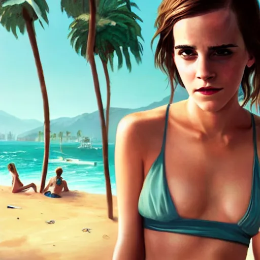 Prompt: highly detailed painting of emma watson wearing a bikini in los santos, gta 5 cover art, stephen bliss, 8 k, by greg rutkowski, artgerm, global illumination, radiant light, detailed and intricate environment