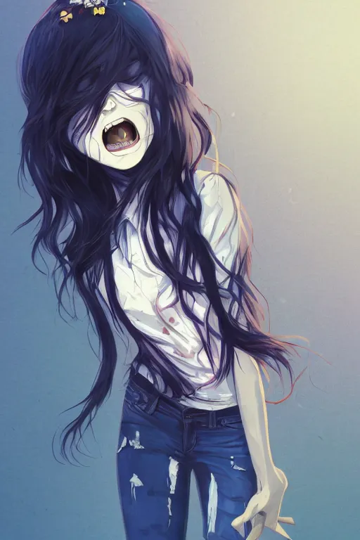 Image similar to urban school zombie girl in tattered clothes screaming fanart ,dark blue long hair, muted colors, matte print, pastel colors, ornate, digital art, cute smile, digital painting, fan art, elegant, pixiv, by Ilya Kuvshinov, by Studio Ghibli