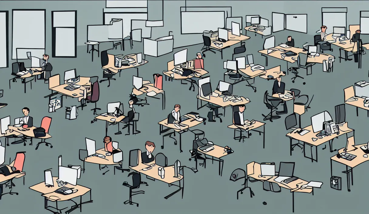 Prompt: a cartoon drawing of an office with desks chairs computers and other office equipment