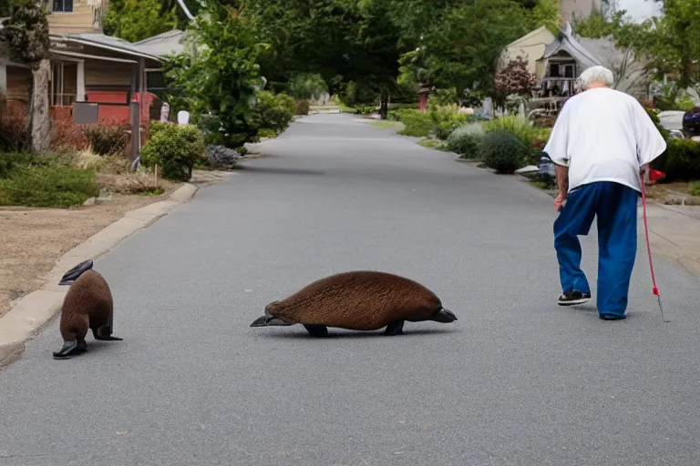 Prompt: Old man walking his platypus on a residential street