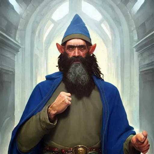 Prompt: Portrait of a middle aged elf, long beard, blue robes with clock iconography, olive skin and a raised fist, detailed face, cinematic lighting, highly detailed, digital art painting by greg rutkowski