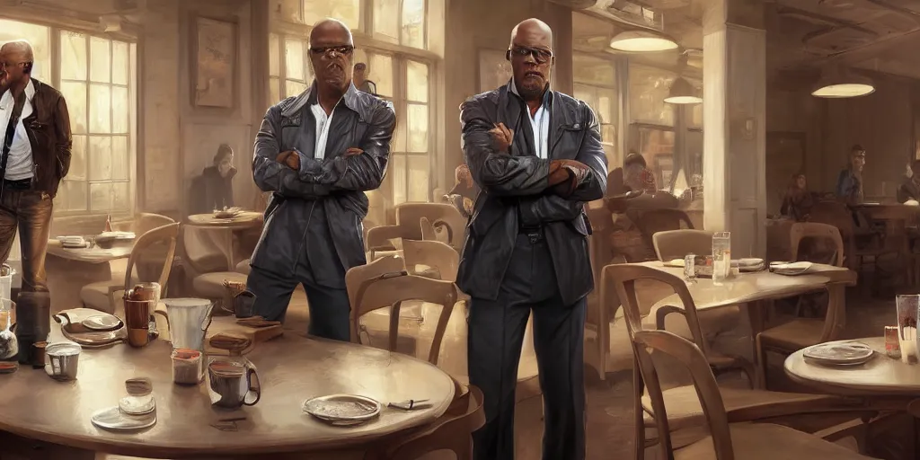 Image similar to painting highly detailed full - body samuel l jackson and john travolta posing in cafe, perfect symmetrical eyes, by eddie mendoza and tyler edlin, 8 k resolution, digital art, hyper realistic