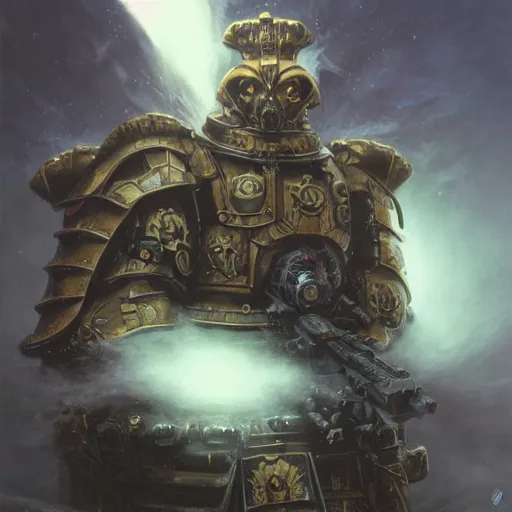 Image similar to warhammer 4 0 k god emperor armor, anthropomorphic shiba inu face visible, stuning 3 d render, masterpiece, glowing black aura, foggy dark, by donato giancola and greg rutkowski and wayne barlow and zdzisław beksinski, realistic face