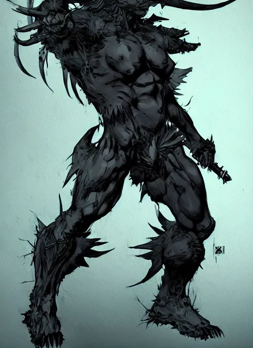 Image similar to Full body portrait of horned bear spirit. In style of Yoji Shinkawa and Hyung-tae Kim, trending on ArtStation, dark fantasy, great composition, concept art, highly detailed.