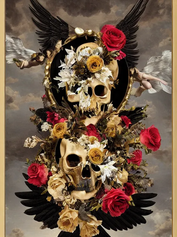 Prompt: a falling icarus with black long wings in the form of a Greek sculpture with a mask in the form of golden bird skull and wreath of flowers, roses in hands, dressed in a flower dress, lie on a red boiled wax, silk, fabric, birds, flowers. baroque elements, human skull. full-length view. baroque element. intricate artwork by caravaggio. many many birds birds on background. Trending on artstation. halo. octane render, cinematic, hyper realism, octane render, 8k, depth of field, bokeh. iridescent accents. vibrant. teal and gold and red colour scheme