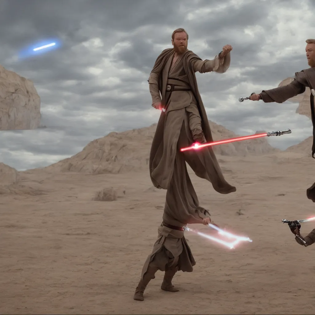 Image similar to Alex Guinness as obi wan kenobi fights Ewan McGregor as obi wan kenobi in a lightsaber-duel, alien landscape in the background