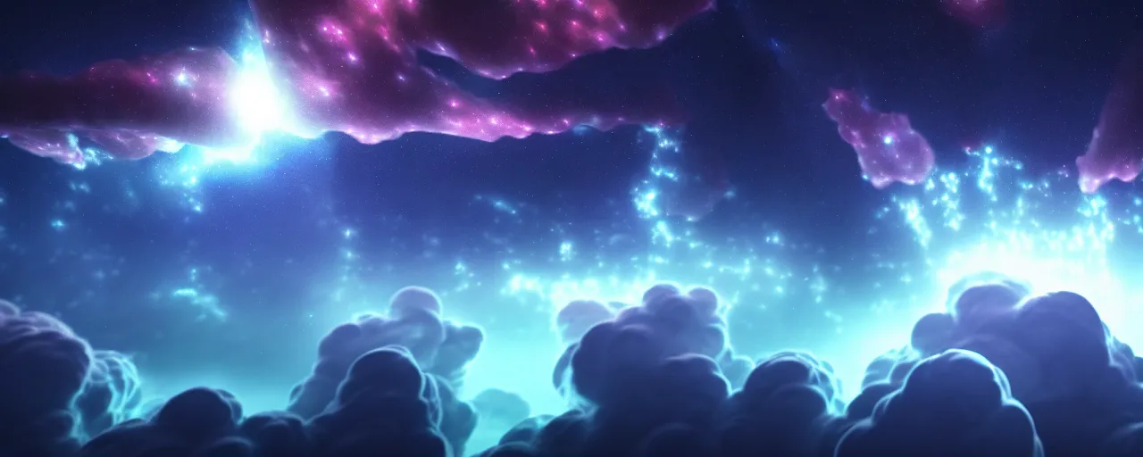 Prompt: cinematic render of atmospheric space, nebula, homeworld skies, volumetric lighting, cumulous fractal smoke pillars
