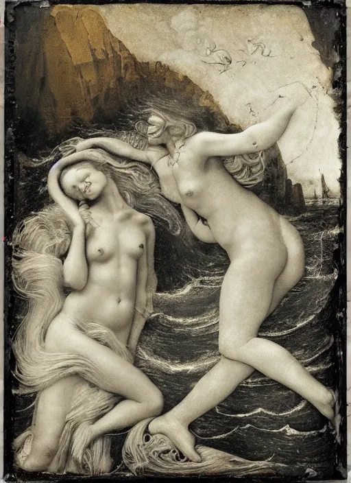 Image similar to old wetplate birth of venus, fractal, intricate, elegant, highly detailed, parallax, leica, medium format, subsurface scattering, by jheronimus bosch and greg rutkowski and louis jacques mande daguerre