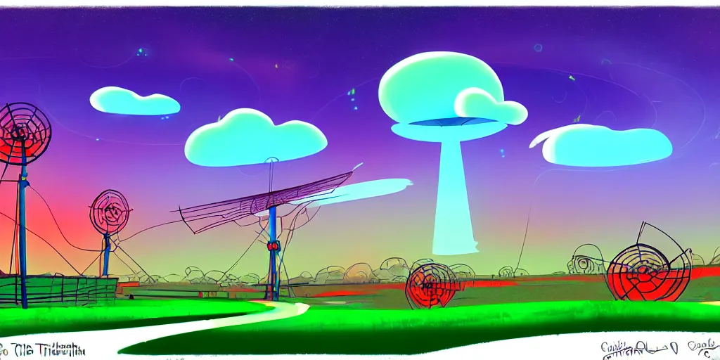 Image similar to night chubby cartoon concept art, red tv transmission antenna, from lorax movie, black blue green, spiral clouds, sam and max