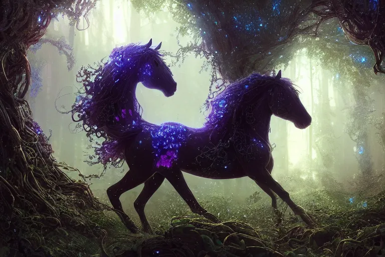 Image similar to a stunning horse made of stardust with a thick mane of bioluminescent vines and flowers running through the woods by greg rutkowski, high key lighting, volumetric light, digital art, highly detailed, fine detail, intricate, ornate, complex, octane render, unreal engine, photorealistic