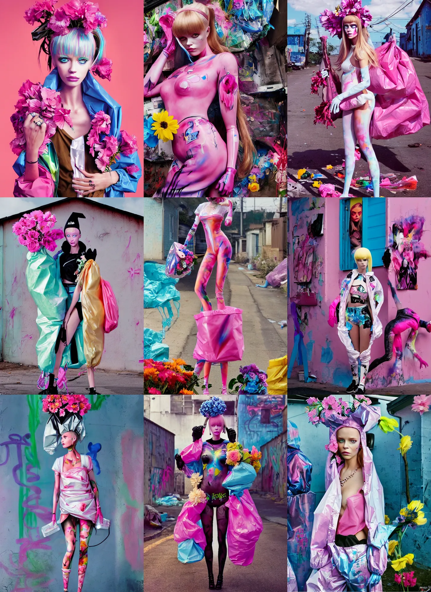 Prompt: still from music video of barbie palvin from die antwoord standing in a township street, wearing a trashbag garbage bag and flowers, street fashion, full figure portrait painting by martine johanna, ilya kuvshinov, rossdraws, pastel color palette, shiny plastic, spraypainted bodypaint graffiti