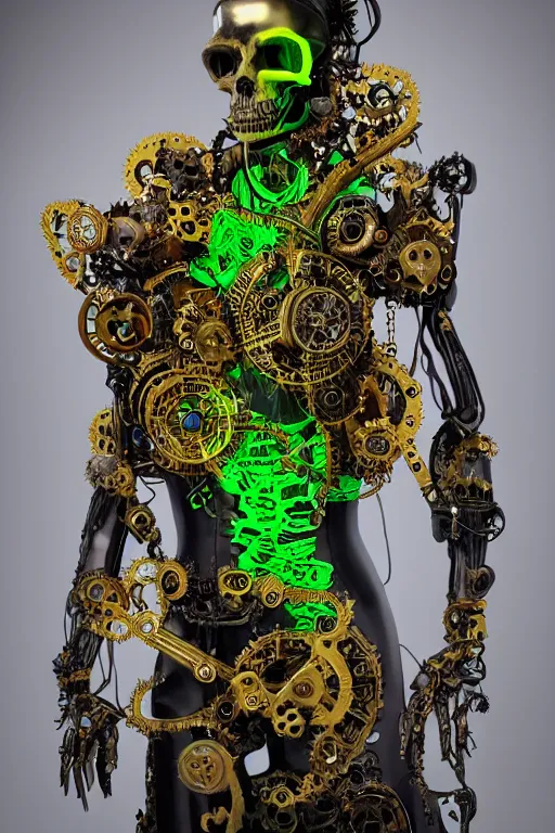 Prompt: full-body baroque and cyberpunk style sculpture of a young handsome Spanish prince half android with a chest opening exposing sparking circuitry, glowing green laser eyes, crown of mechanical gears and flowers, flowing golden-colored silk, fabric, steampunk archways. baroque elements, human skull. full-length view. baroque element. intricate artwork by caravaggio. many many birds birds on background. Trending on artstation, octane render, cinematic lighting from the right, hyper realism, octane render, 8k, depth of field, 3D