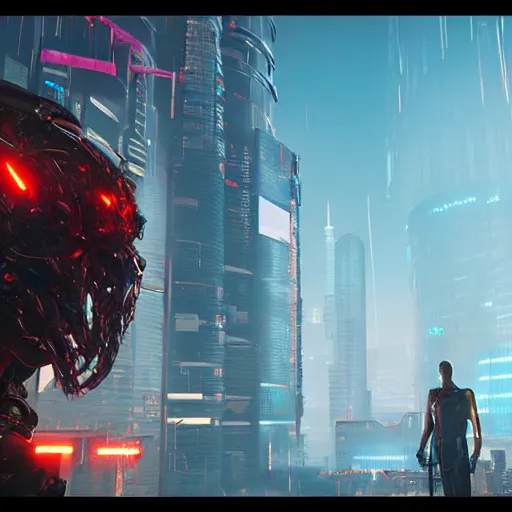 Image similar to cyberpunk boss fight, giant orc. cinematic wide shot