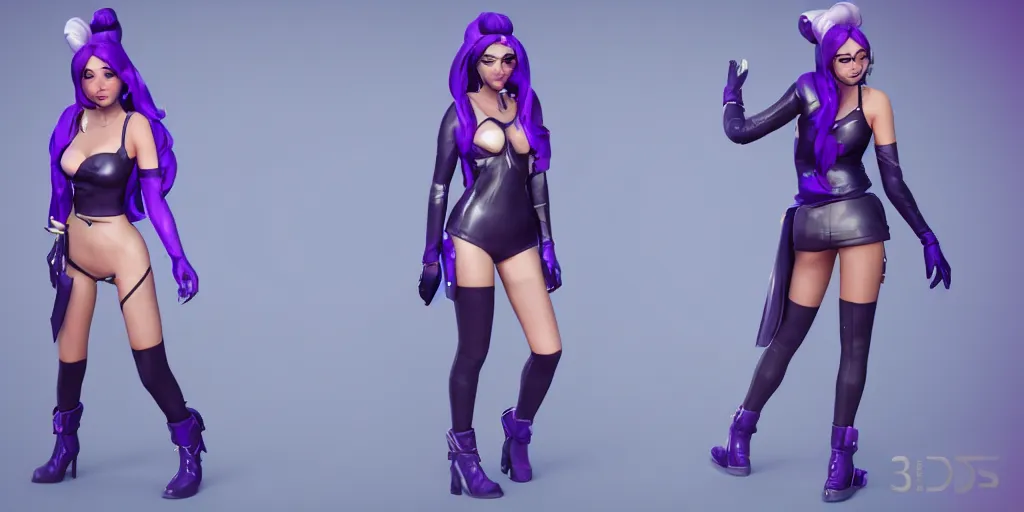 Image similar to character sheet of KDA Caitlyn (League of Legends), blue hair, 3d render, 8k resolution, octane render, sfw