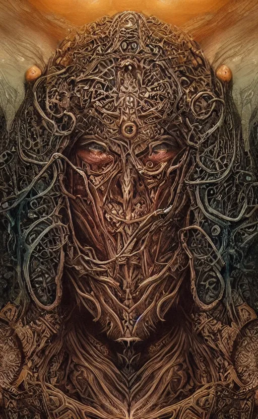 Image similar to Elden Ring themed painting of ancient hybrid majestic aztec shaman fantasy cyber human beautiful symmetrical face angry mask closeup face mask tattoo pattern golden ratio concept, deep forest psytrance Neo-Gothic concept, infinity glyph waves, intricate artwork masterpiece, very coherent artwork, cinematic, full frontal facial features by Artgerm, Takato Yamamoto, Zdizslaw Beksinski, Johnatan Wayshak, Moebius, H.R. Giger, Ayami Kojima, very coherent artwork, trending on cgsociety, ultra high quality model, production quality cinema model, high detail chromatic ink outline, octane render, unreal engine 8k, hyper realism, high detail, octane render, unreal engine, 8k, High contrast