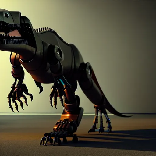 Prompt: a !robot! controlling a t-rex, the t-rex walks peacefully in a lab, octane render, 3D, award-winning, as coherent as Dall-E 2