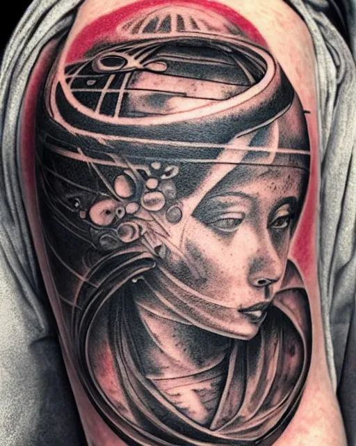 Image similar to planets on the top of a broken renaissance head statue, realism tattoo design, in the style of rob richardson