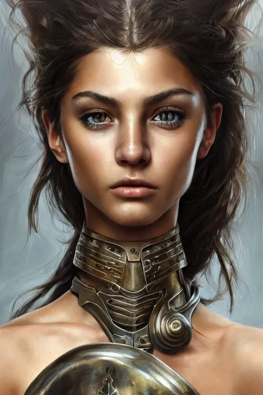 Image similar to a photorealistic painted portrait of an attractive young girl, partially clothed in metal-plated battle armor, olive skin, exotic appearance, long dark hair, flawless skin, beautiful bone structure, perfectly symmetric facial features, perfect photorealistic eyes, natural physique, intricate, elegant, digital painting, concept art, finely detailed, beautifully illustrated, sharp focus, minimal artifacts, from Metal Gear, by Ruan Jia and Mandy Jurgens and Artgerm and William-Adolphe Bouguerea, in the style of Greg Rutkowski, trending on Artstation, award winning art