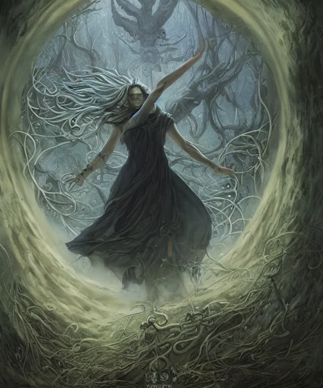 Image similar to a druid standing in a circle at the beginning of the world by alan lee and peter mohrbacher